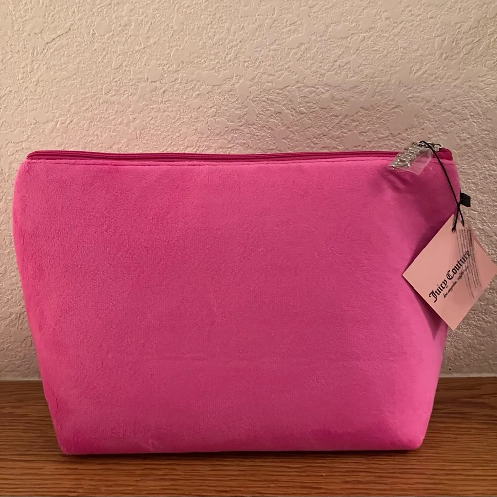 JUICY COUTURE Rhinestone Logo Pink Velour Makeup Pouch Travel Bag NEW NWT